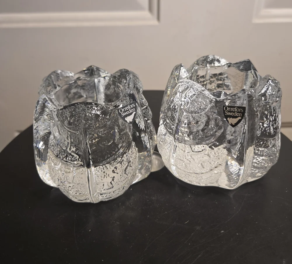 ORREFORS Crystal Sweden EDEN Leaf Votive Tealight Candle Holders Lars Hellsten